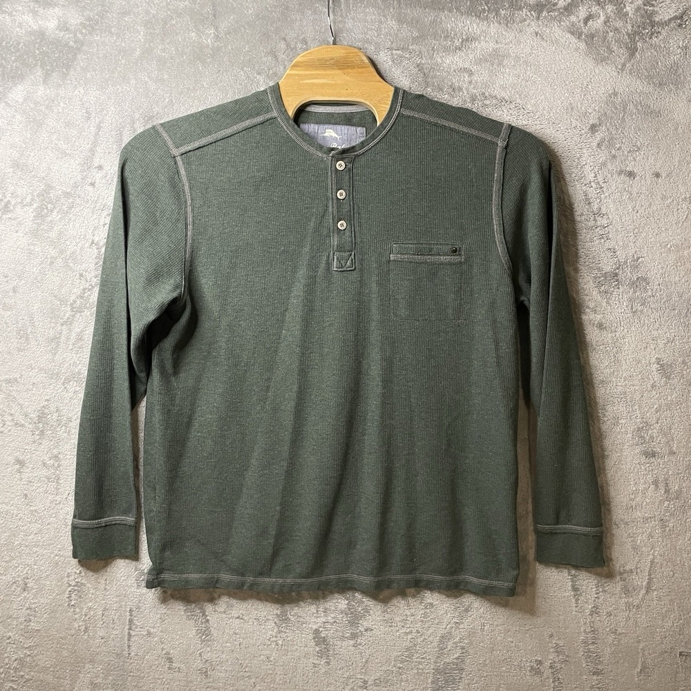 Tommy Bahama Henley Shirt Men Sz L‎ Thermal Green Pima Cotton Casual Long Sleeve